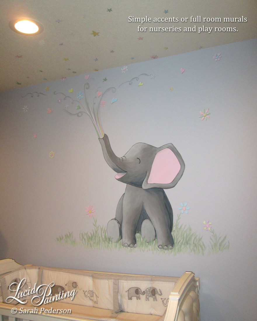 This cute stylized elephant sits on simple grasses and flowers above the crib in a nursery. The elephant shoots flowers, stars, and hearts out of his trunk across the wall and onto the ceiling.