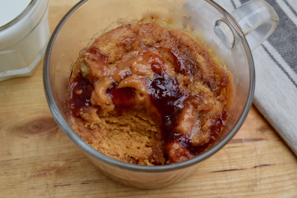 Peanut Butter and Jam Mug Cake recipe from Lucy Loves Food Blog