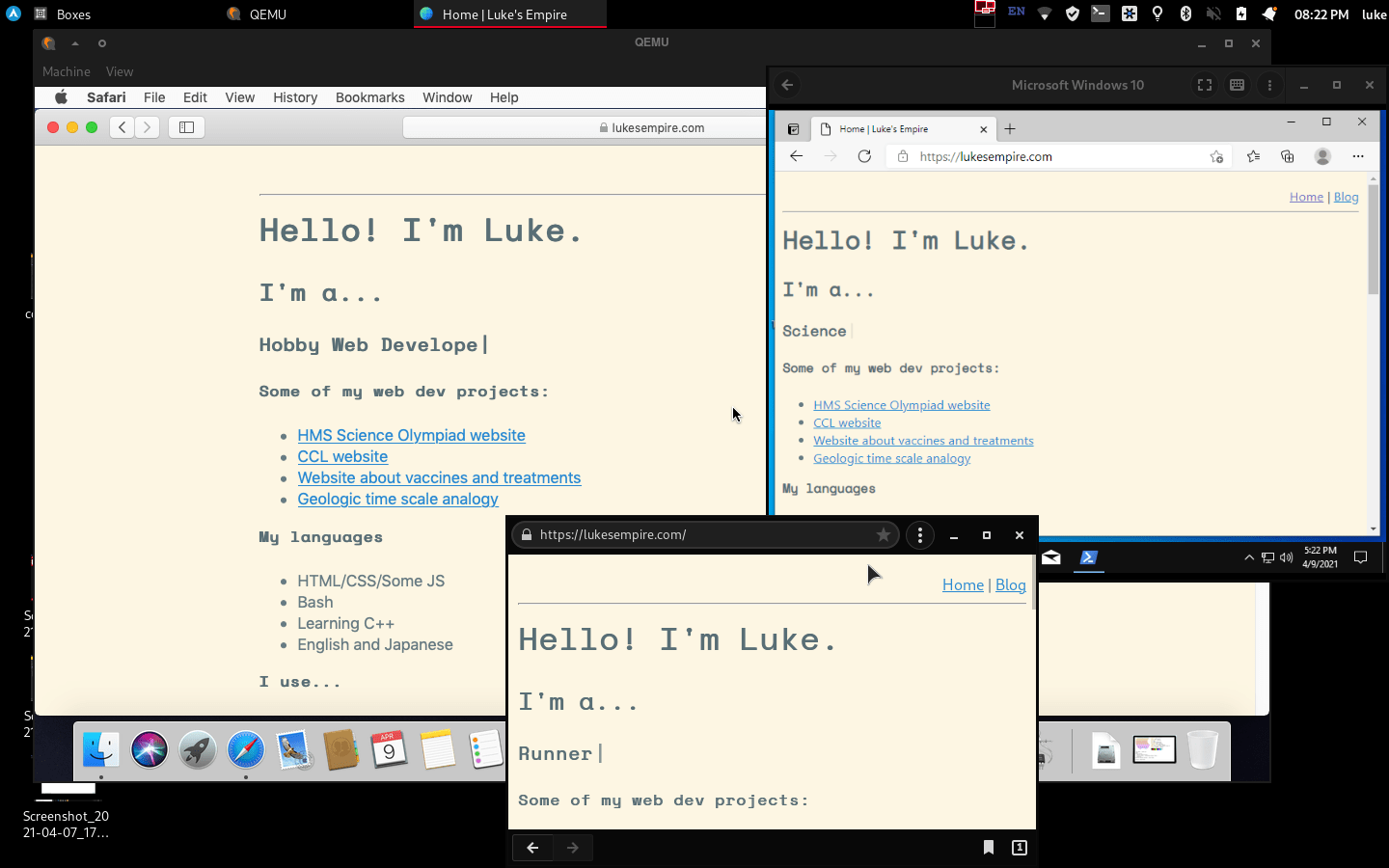 Linux, macOS, and Windows running simultaneously on a 1st
