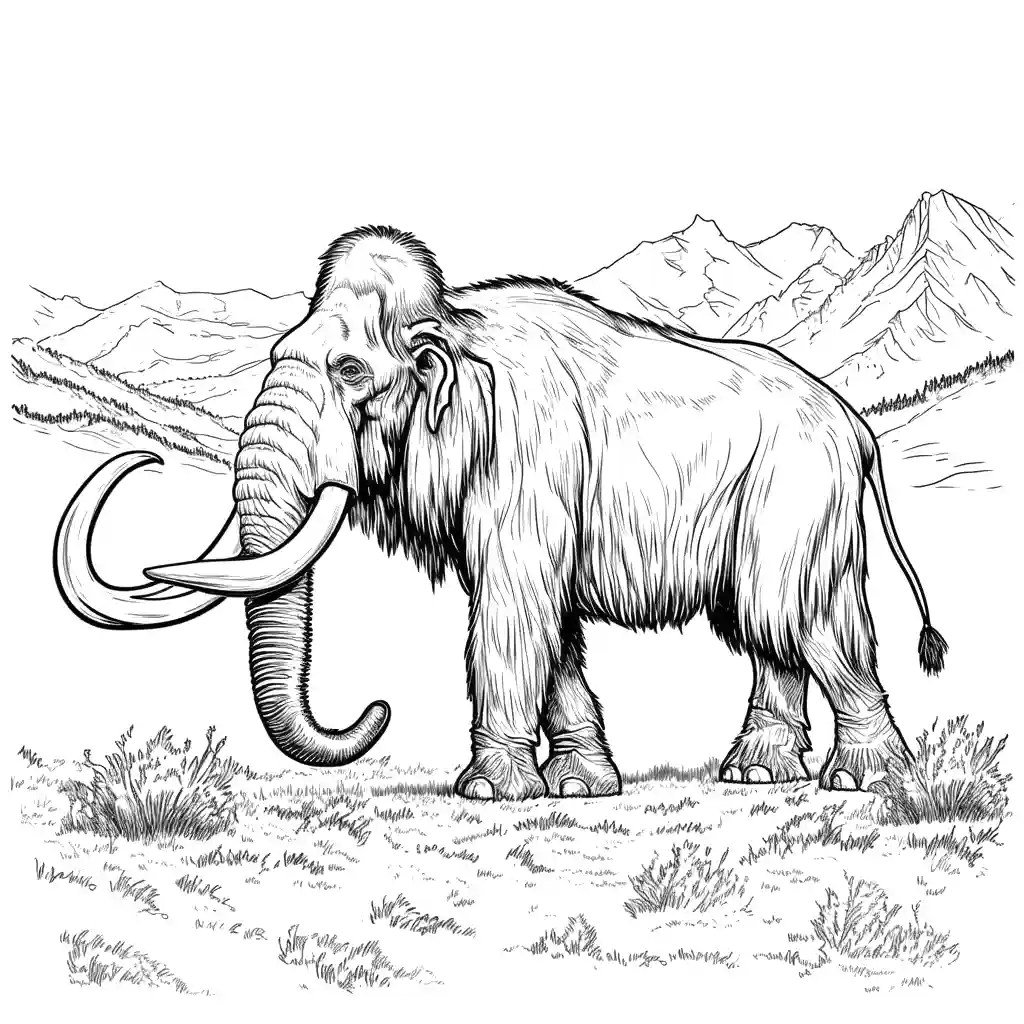 Mammoth in grassland with mountains coloring page Lulu Pages