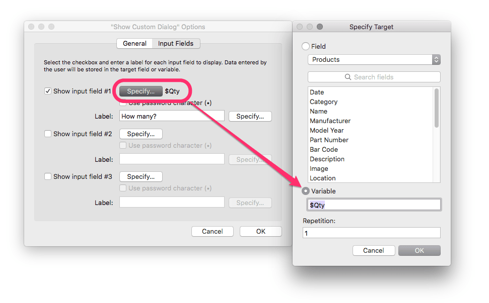 FileMaker 17 Variables for Show Custom Dialog input fields LuminFire