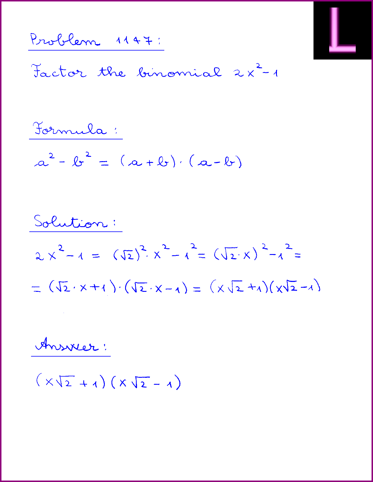 Problem 1147 Factor the binomial 2X^2 1