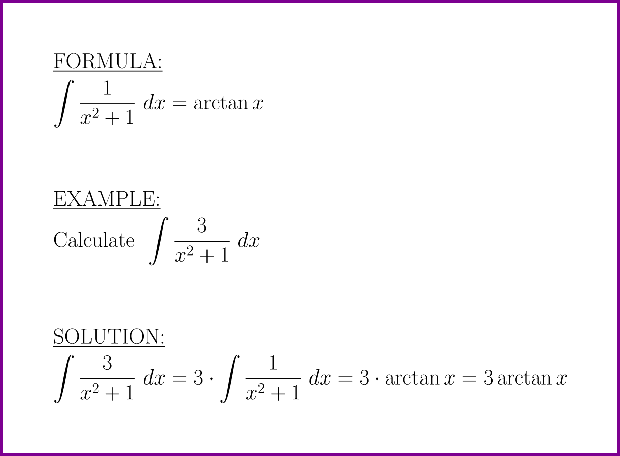 The antiderivative of 1 over x squared plus 1 (formula and example