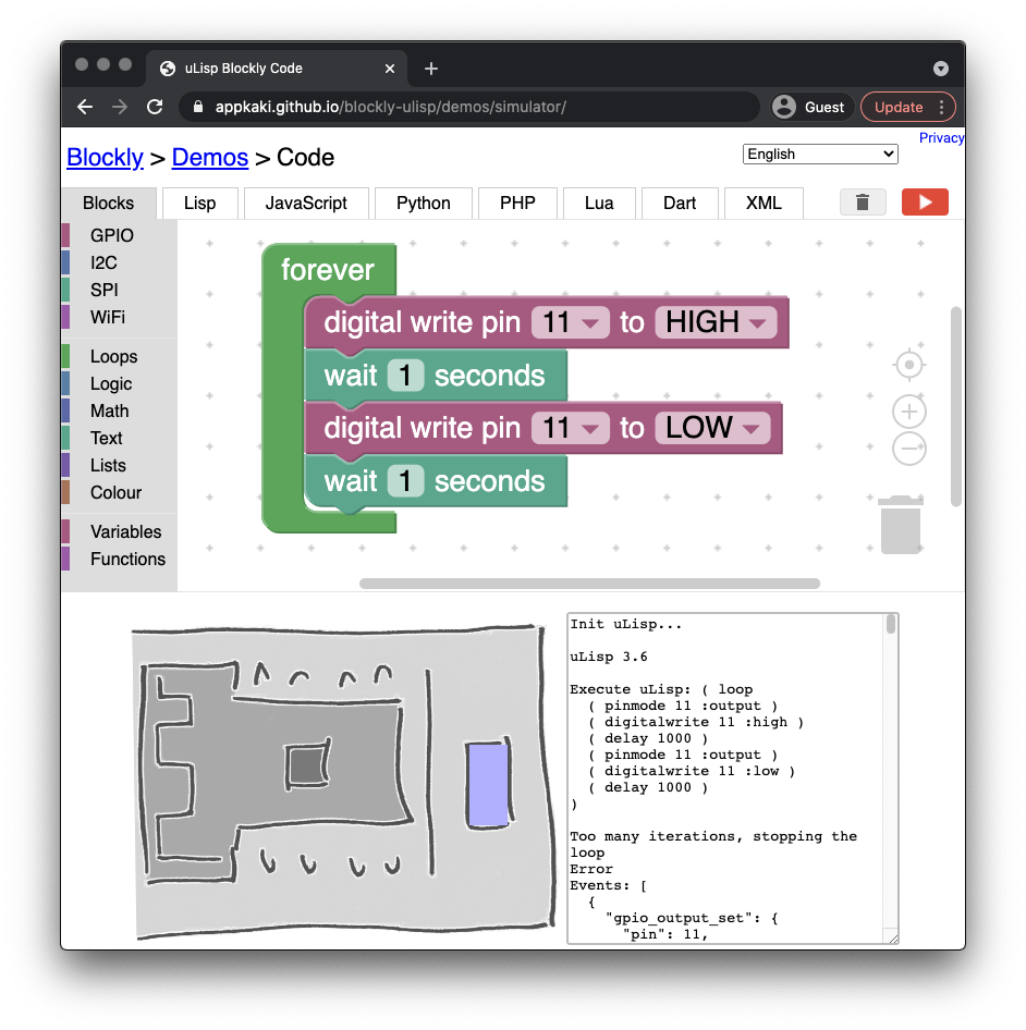 Simulate RISCV BL602 with Assembly, uLisp and Blockly