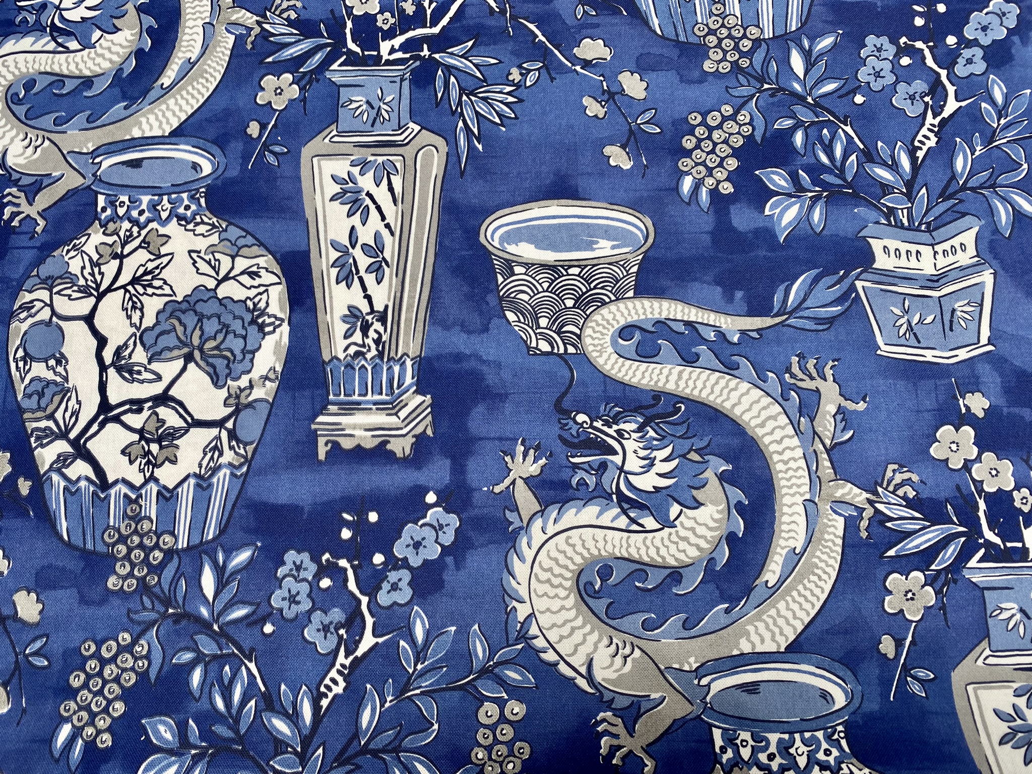 WHITE Chinese Dragon Digitally Printed Fabric Asian Porcelain Motif