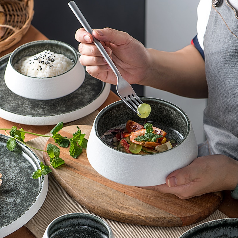 Ice Cracked Glaze Ceramic Grey Plate and Bowls