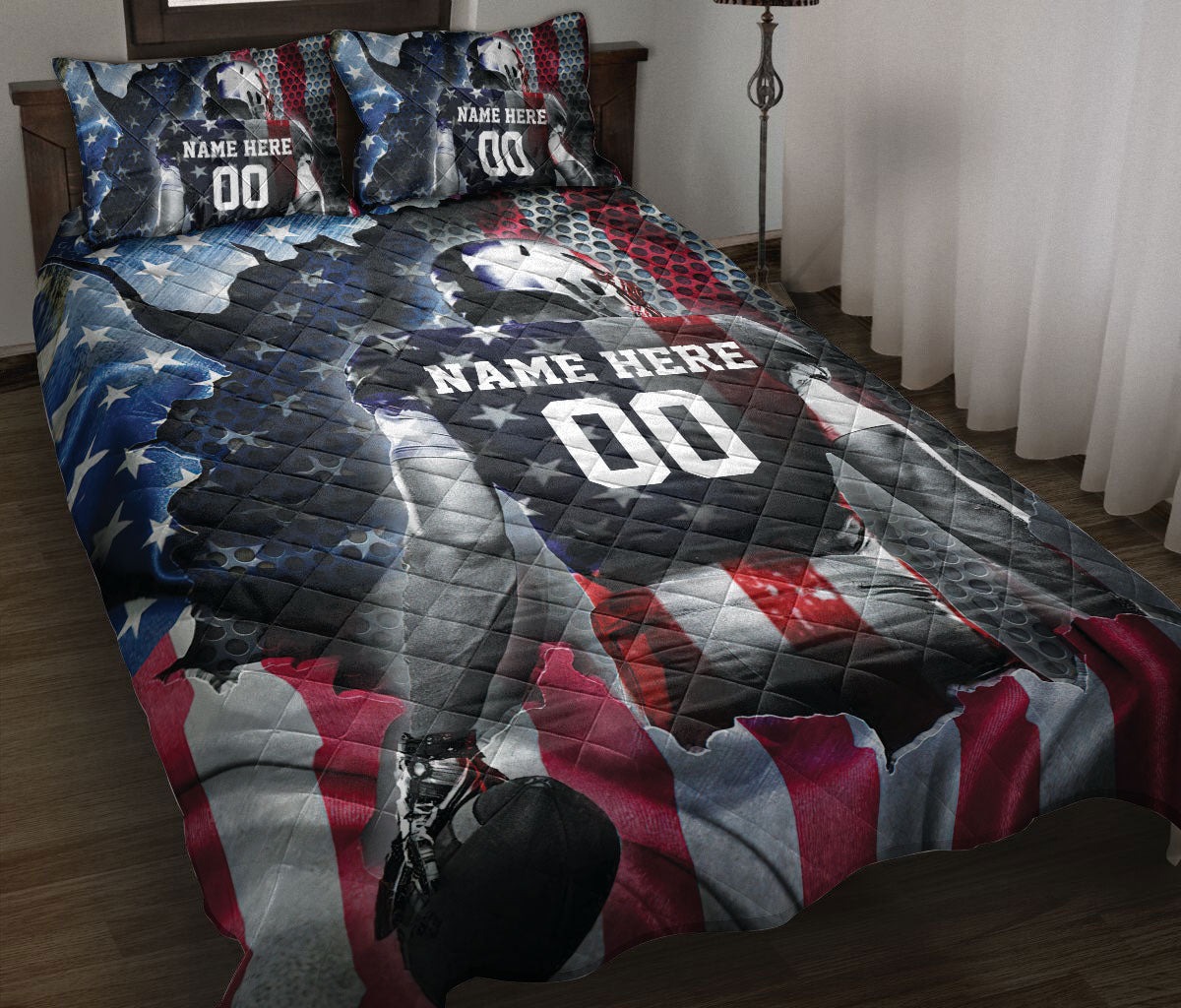 Personalized Football Quilt Set American Football Player Us Flag