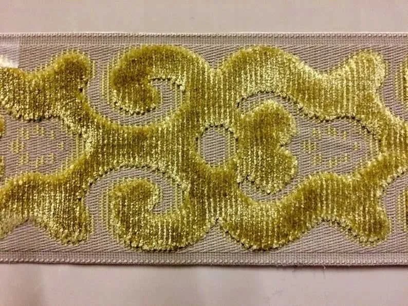 Designer Trim Tape Apple Green Velvet Beige Floral