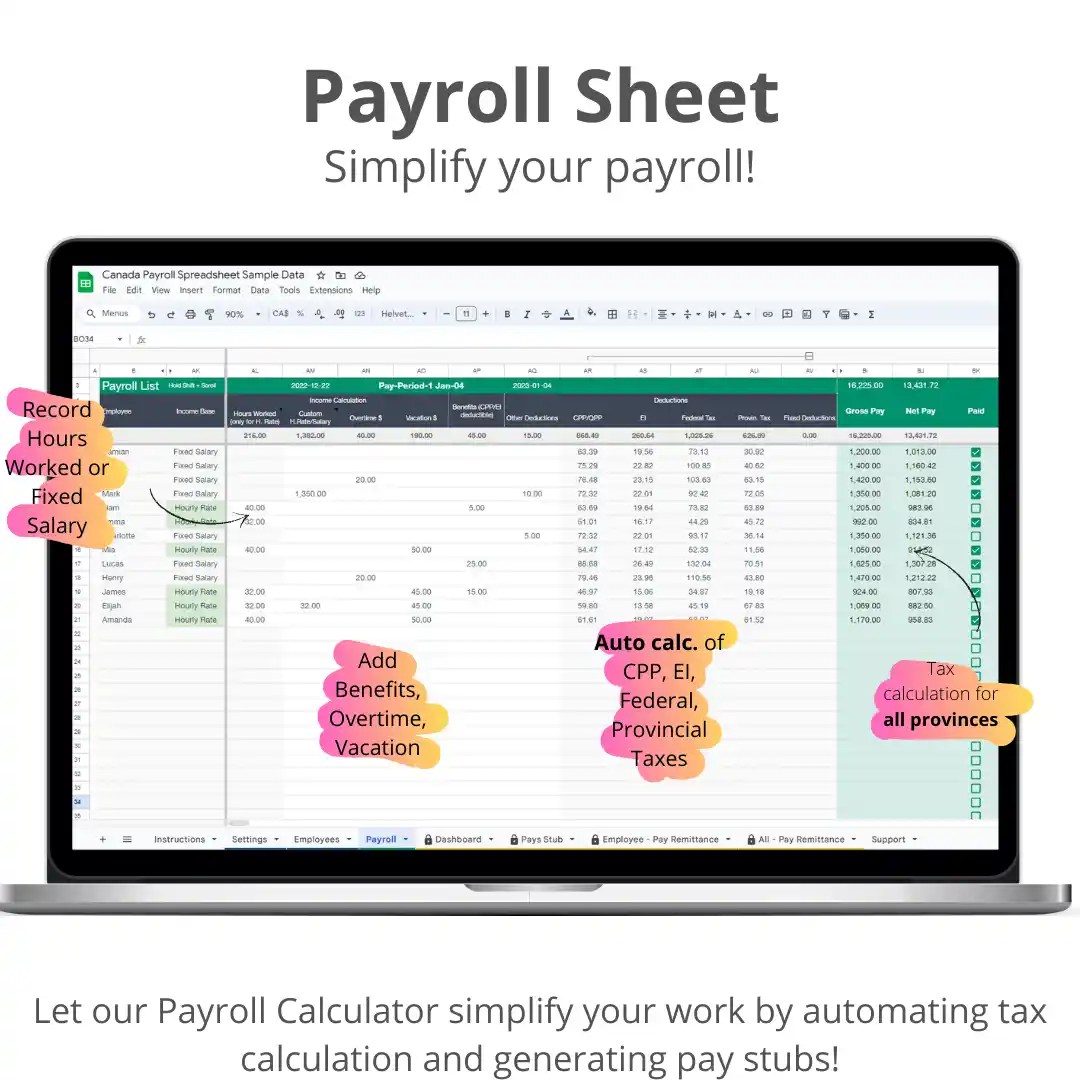 Canada Payroll Spreadsheet CPP, EI, Federal, Provincial Taxes