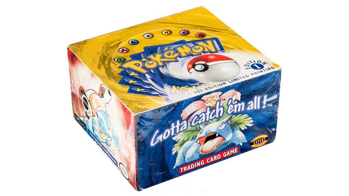 An unopened Pokémon First Edition Base Set Booster Box was auctioned