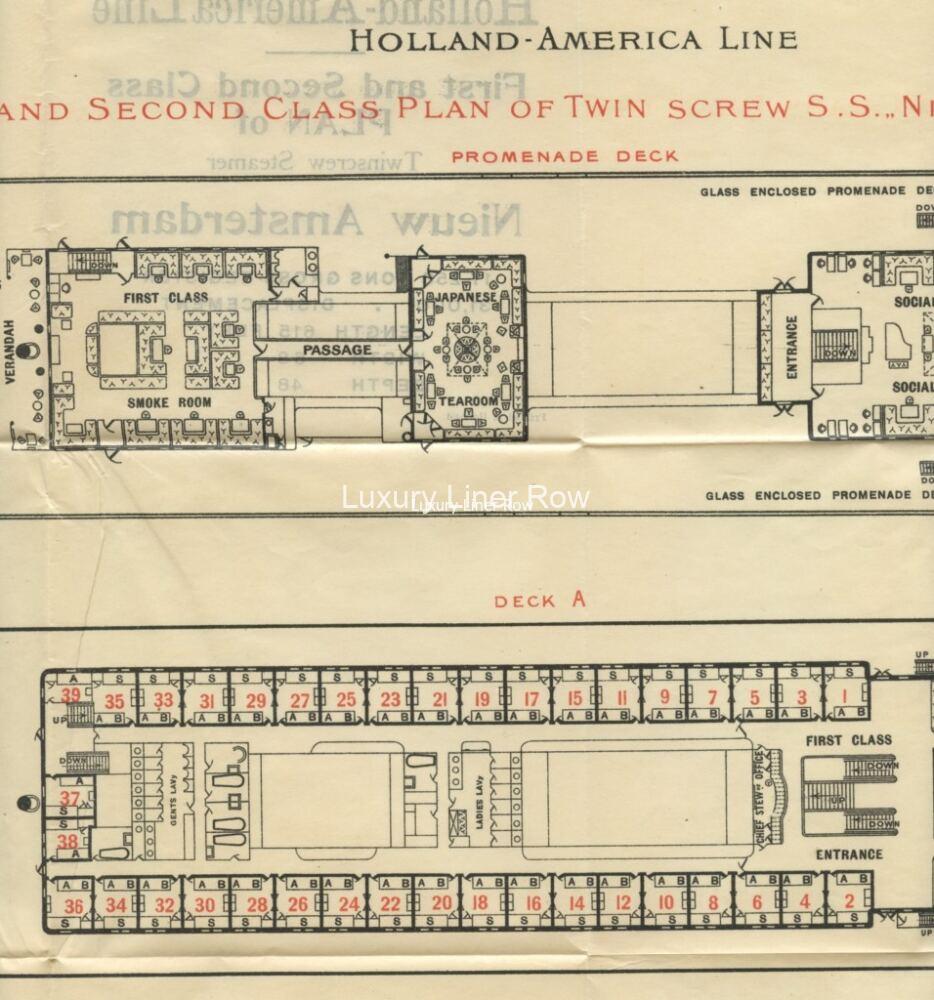 Nieuw Amsterdam (1906) Deck Plan, First and Second Class Luxury Liner Row