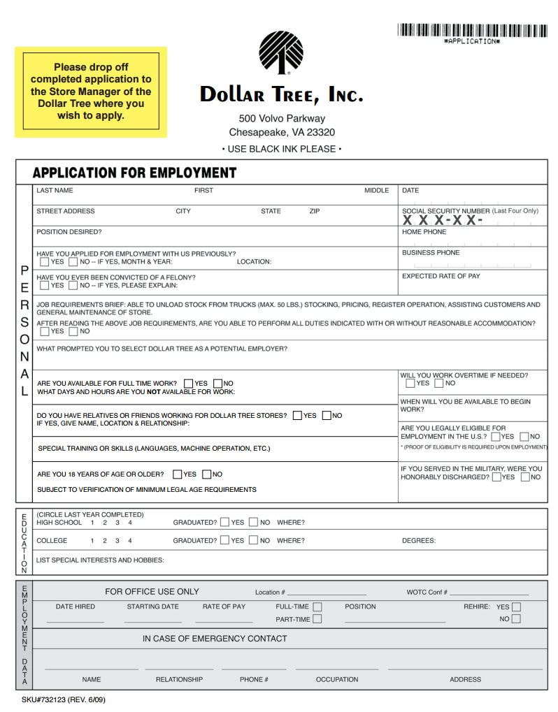 Free Printable Dollar Tree Application Form