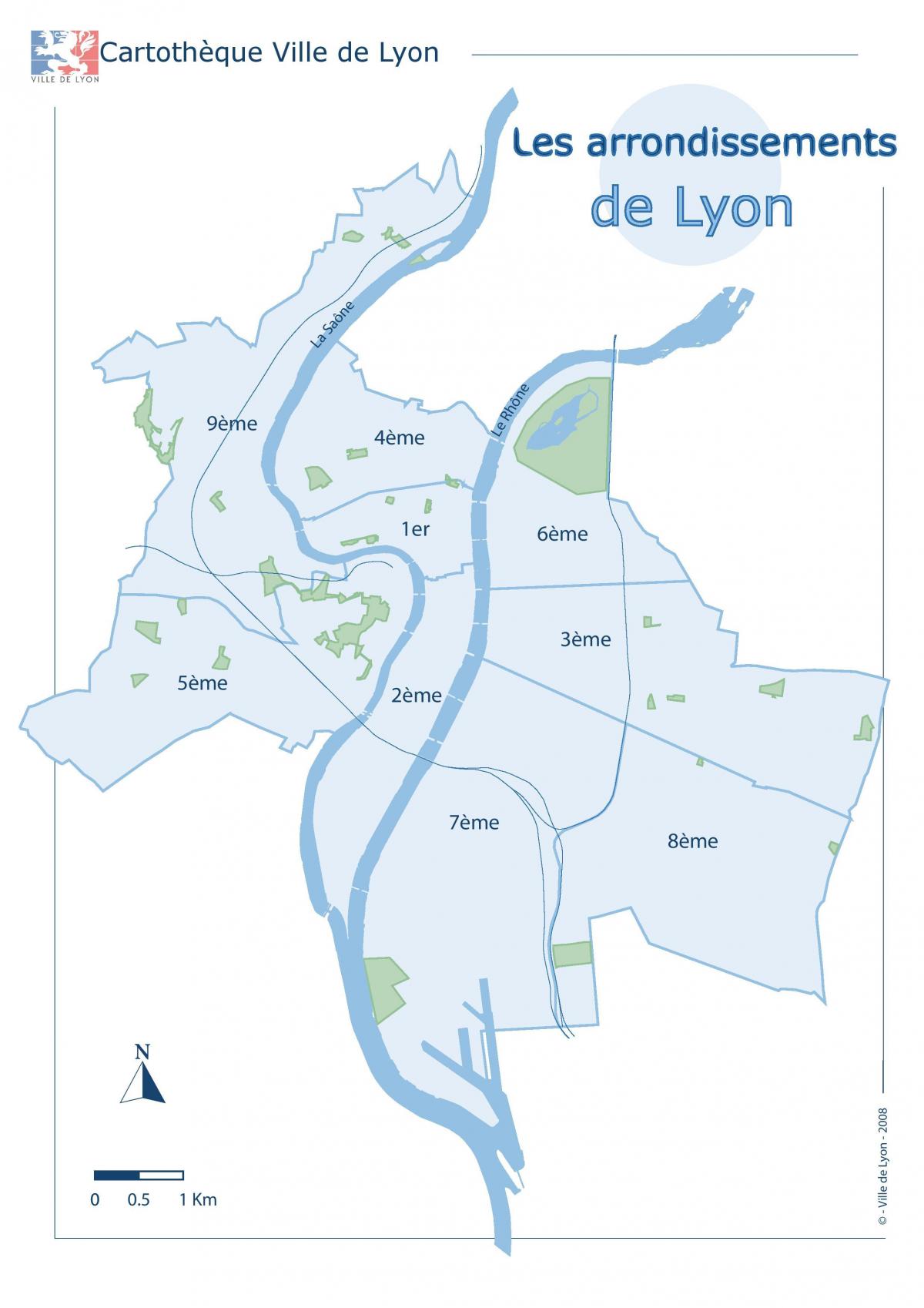 Map of Lyon neighborhood surrounding area and suburbs of Lyon