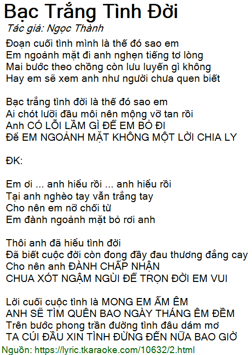 Lời bài hát Bạc Trắng Tình Đời (Ngọc Thành) [có nhạc nghe]