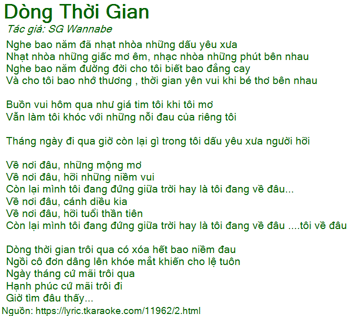 Lời bài hát Dòng Thời Gian (SG Wannabe) [có nhạc nghe]