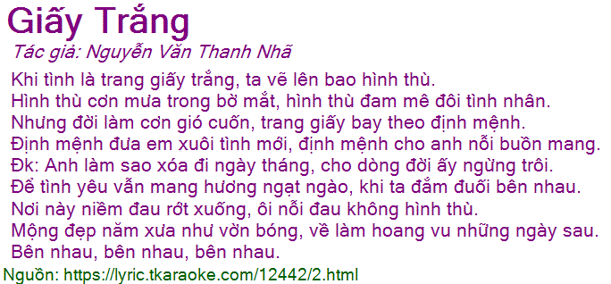 Lời bài hát Giấy Trắng (Nguyễn Văn Thanh Nhã) [có nhạc nghe]