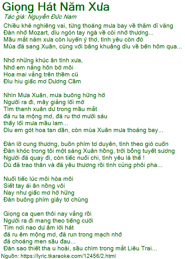 Lời bài hát Giọng Hát Năm Xưa (Nguyễn Đức Nam) [có nhạc nghe][Có Karaoke]