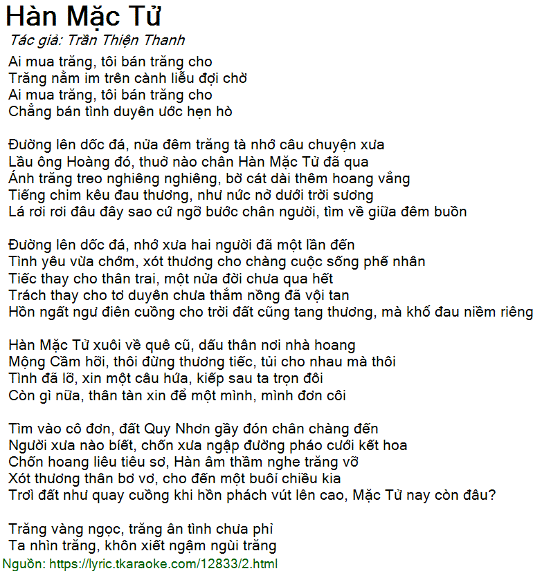 Loi bai hat Han Mac Tu (Tran Thien Thanh) [co nhac nghe]