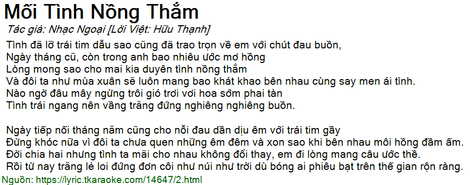 Lời bài hát Mối Tình Nồng Thắm (Nhạc Ngoại [Lời Việt Hữu