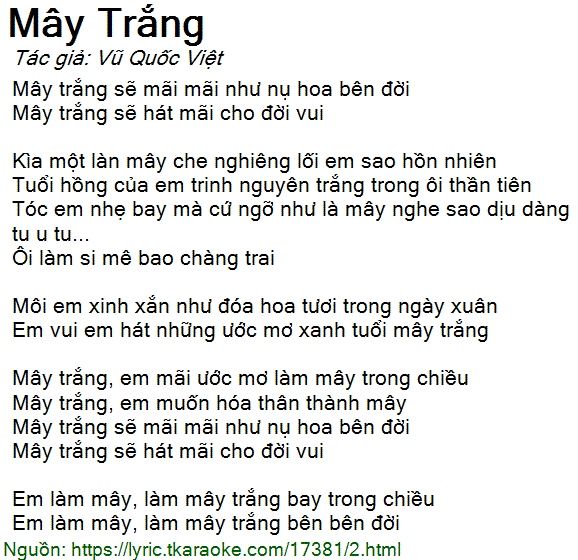 Lời bài hát Mây Trắng (Vũ Quốc Việt) [có nhạc nghe]