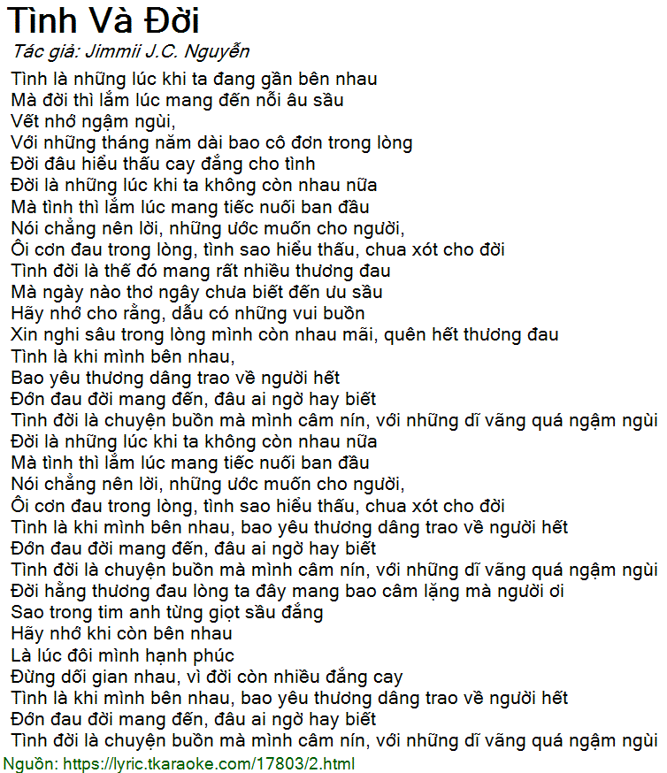 Lời bài hát Tình Và Đời (Jimmii J.C. Nguyễn) [có nhạc nghe]