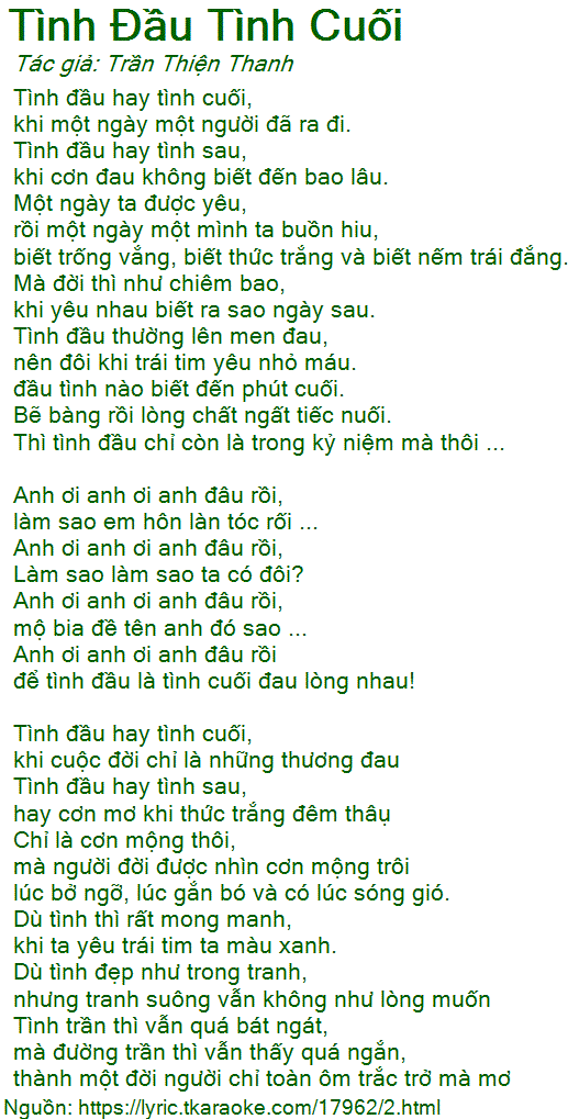 Lời bài hát Tình Đầu Tình Cuối (Trần Thiện Thanh) [có nhạc