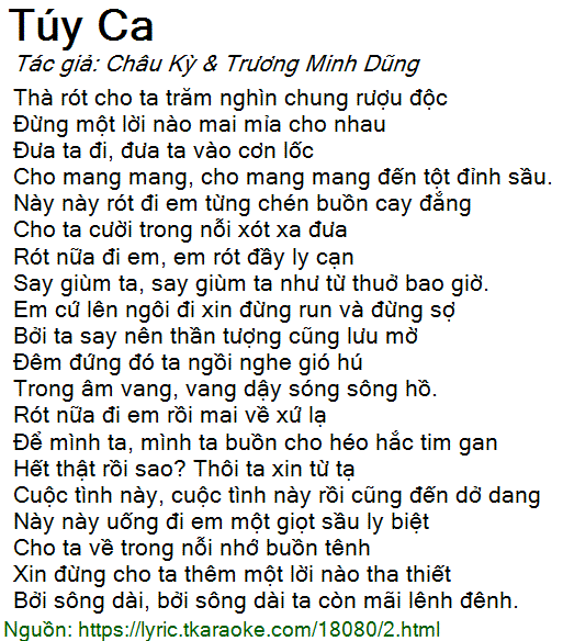 Lời bài hát Túy Ca (Châu Kỳ & Trương Minh Dũng) [có nhạc nghe][Có Karaoke]