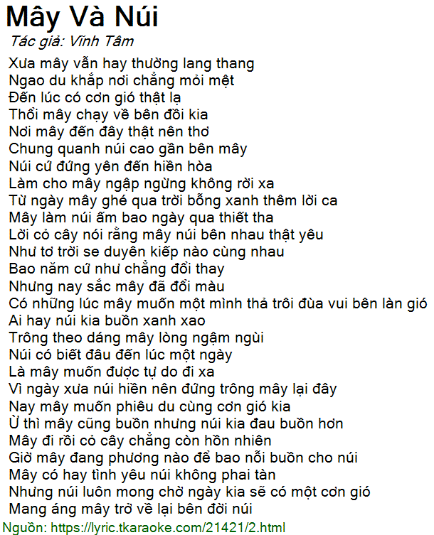 Lời bài hát Mây Và Núi (Vĩnh Tâm) [có nhạc nghe]