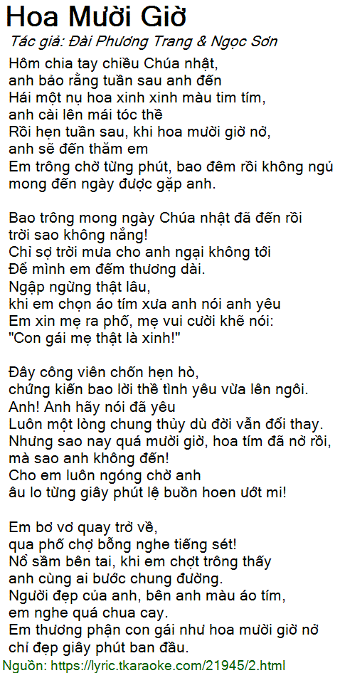 Loi bai hat Hoa Muoi Gio (Dai Phuong Trang & Ngoc Son) [co