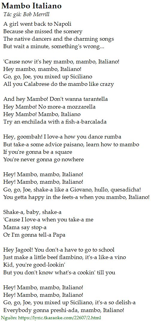 Lời bài hát Mambo Italiano (Bob Merrill) [có nhạc nghe]