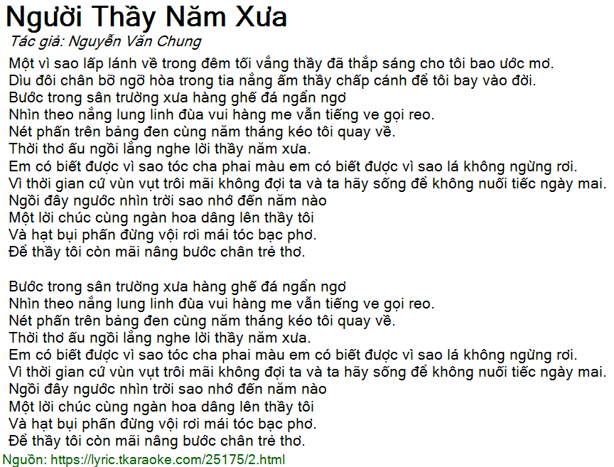 Lời bài hát Người Thầy Năm Xưa (Nguyễn Văn Chung)[Có Karaoke]