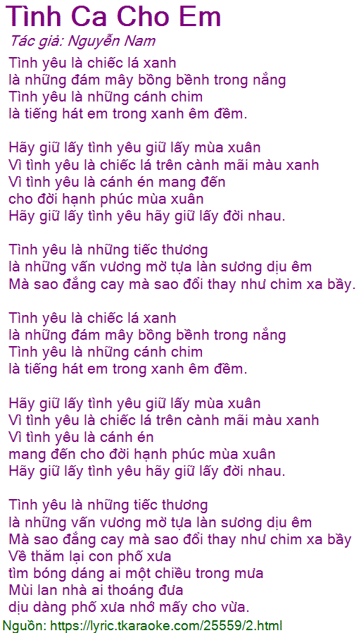 Lời bài hát Tình Ca Cho Em (Nguyễn Nam) [có nhạc nghe]