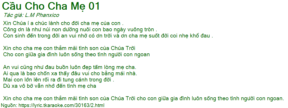Loi bai hat Cau Cho Cha Me 01 (L.M Phanxico) [co nhac nghe]