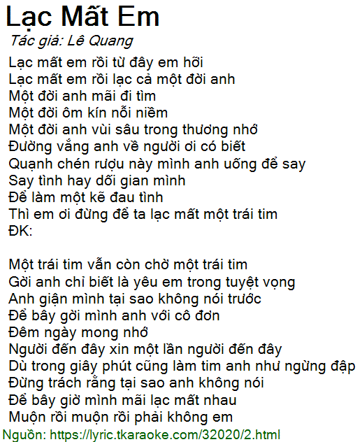 Loi bai hat Lac Mat Em (Le Quang) [co nhac nghe]