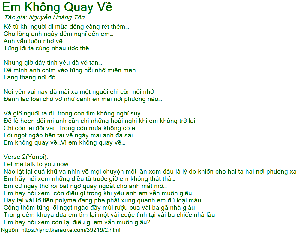 Loi bai hat Em Khong Quay Ve (Nguyen Hoang Ton) [co nhac nghe]