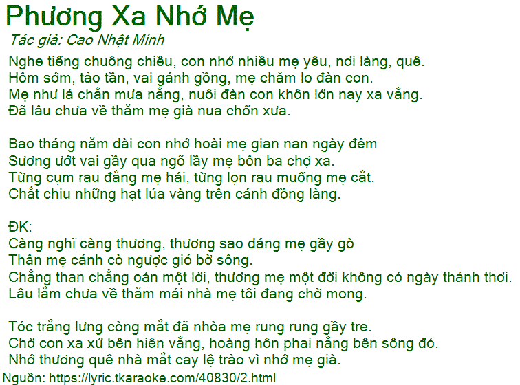 Loi bai hat Phuong Xa Nho Me (Cao Nhat Minh) [co nhac nghe]