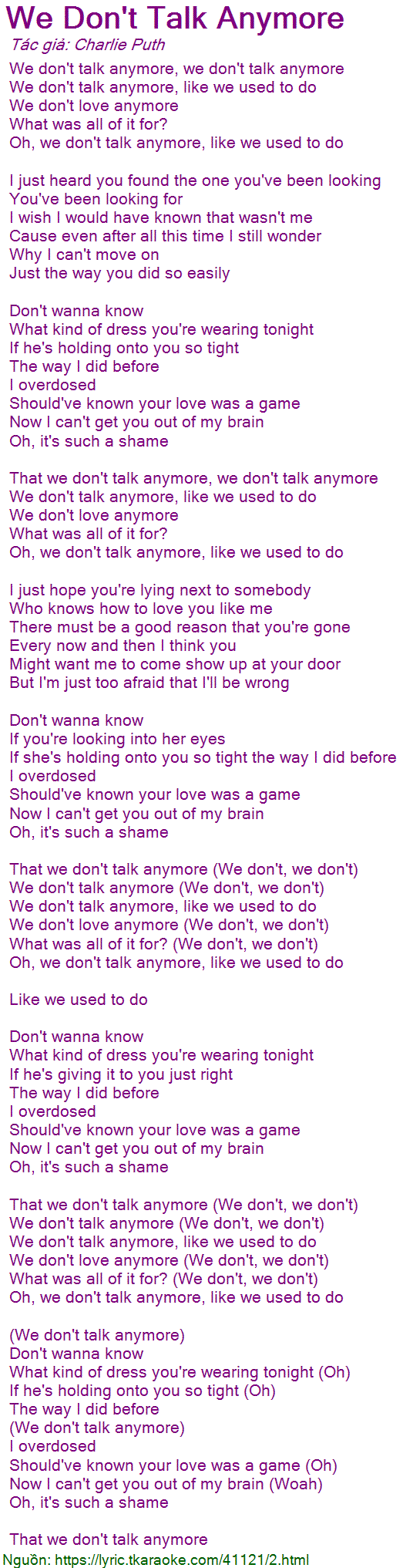 Lirik Lagu We Dont Talk Anymore Lirik Lagu Leisure Entertainment