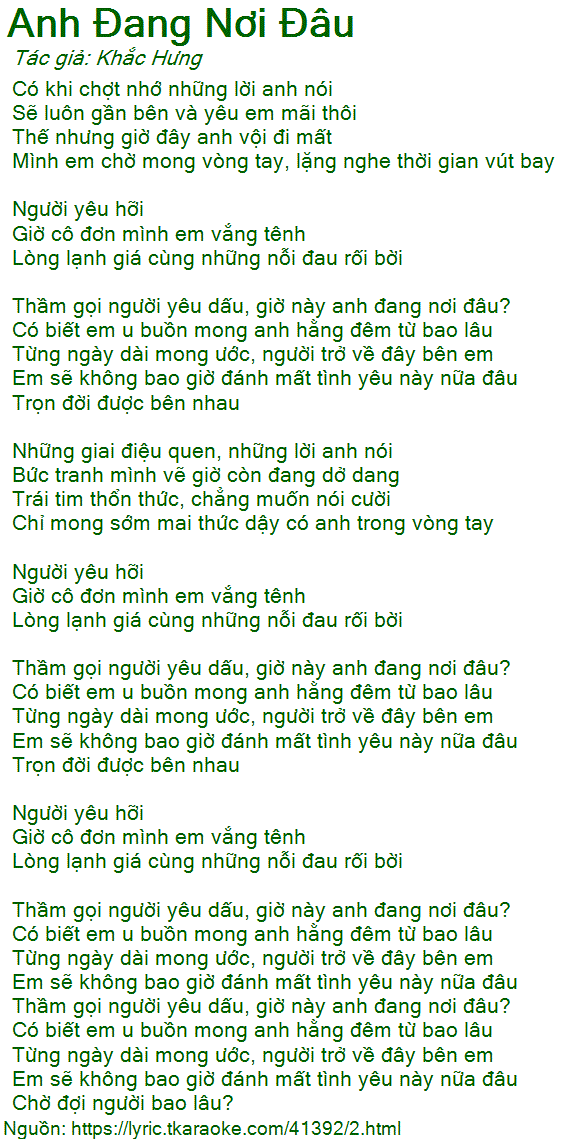Lời bài hát Anh Đang Nơi Đâu (Khắc Hưng) [có nhạc nghe][Có Karaoke]