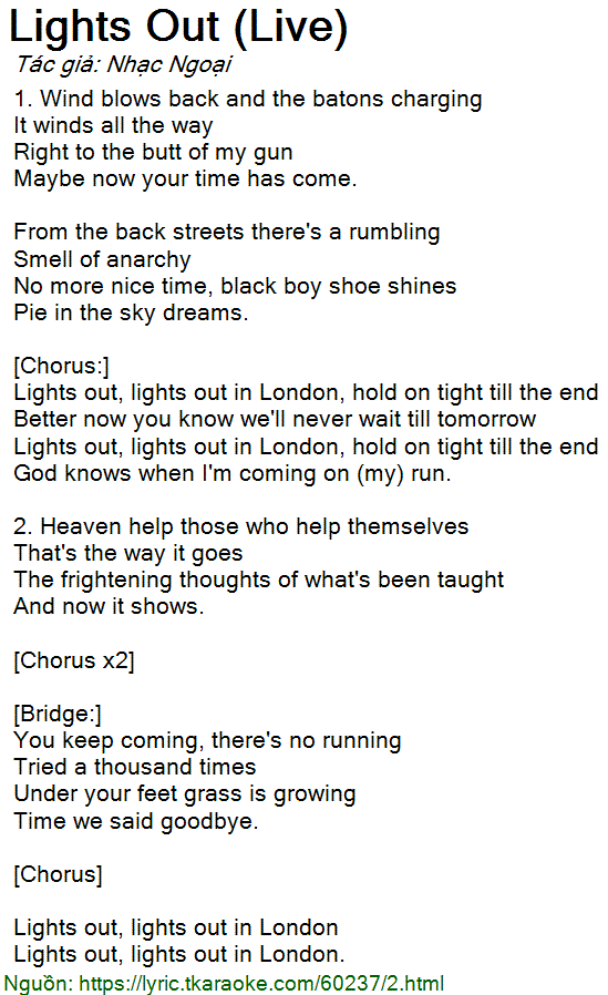 Lời bài hát Lights Out (Live) (Nhạc Ngoại) [có nhạc nghe]