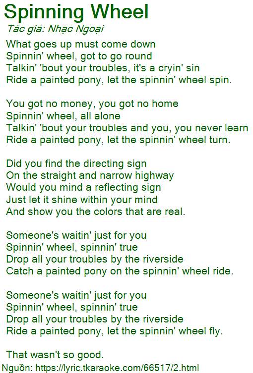 Lời bài hát Spinning Wheel (Nhạc Ngoại) [có nhạc nghe]