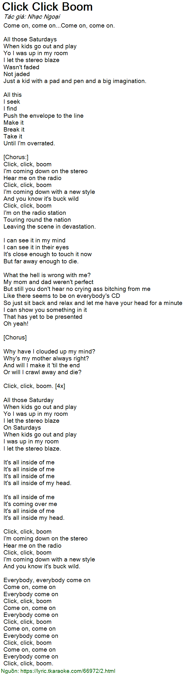 Lời bài hát Click Click Boom (Nhạc Ngoại) [có nhạc nghe]