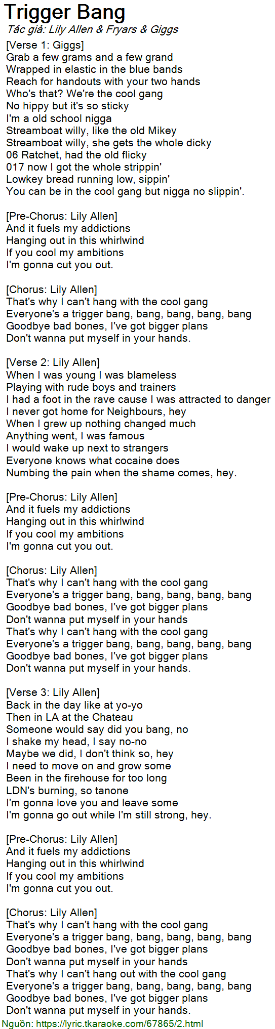 Lời bài hát Trigger Bang (Fryars & Lily Allen & Giggs) [có nhạc nghe]