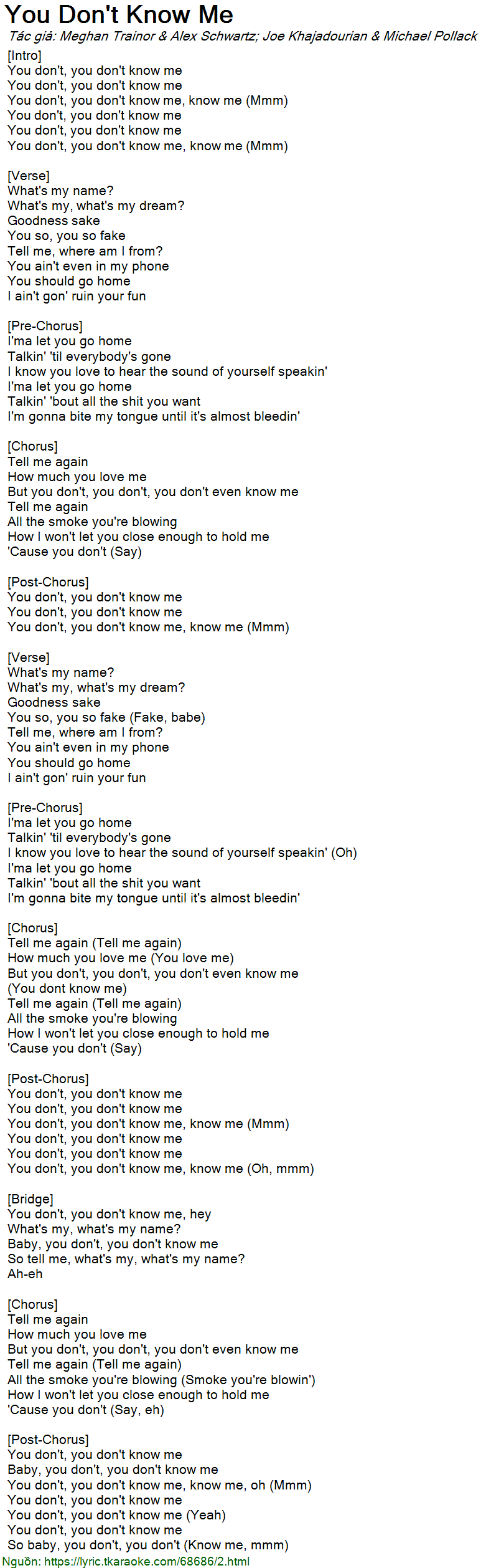 Lời bài hát You Don't Know Me (Alex Schwartz; Joe Khajadourian & Meghan(03)