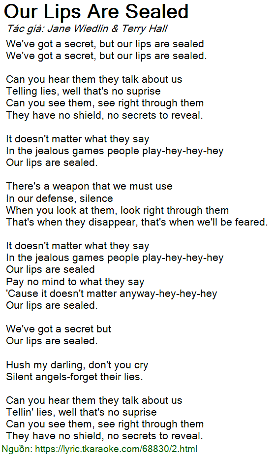 Loi bai hat Our Lips Are Sealed (Terry Hall & Jane Wiedlin) [co nhac nghe]