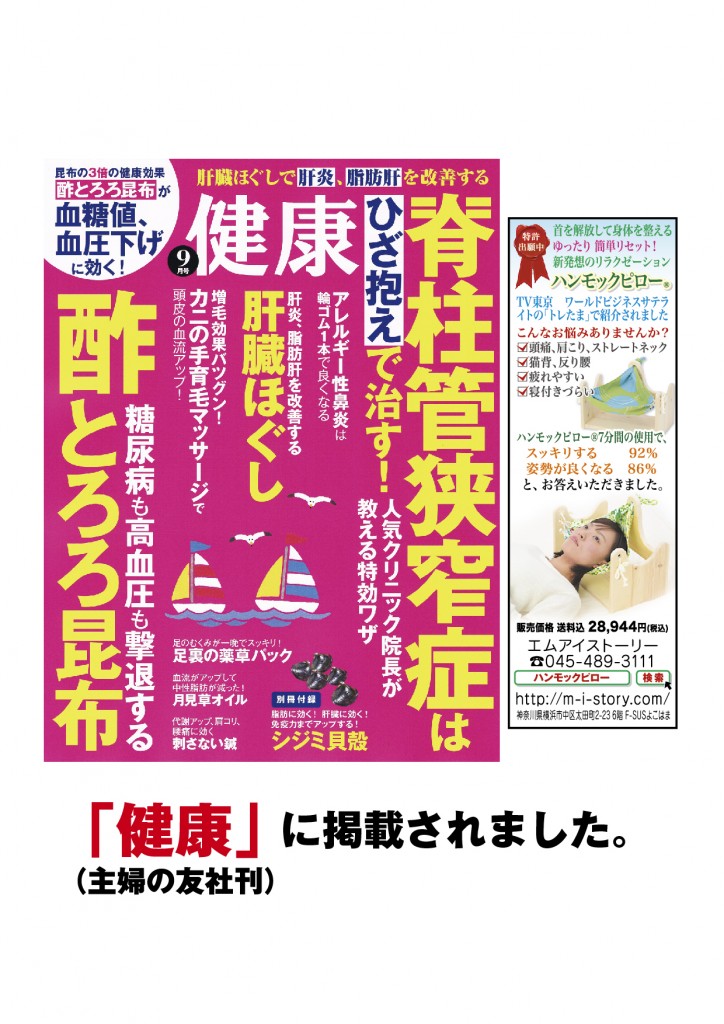 主婦の友社刊「健康」9月号に、ハンモックピローが掲載されました。 ｜ エムアイストーリー