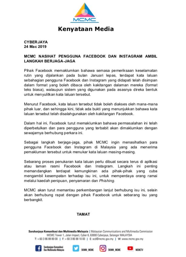 SKMM nasihat pengguna Facebook, Instagram tukar kata