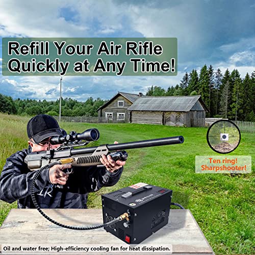 Spritech PCP Air Compressor,Built-in Power Converter,Portable 4500Psi/30Mpa,Water/Oil-Free,PCP Rifle/Pistol and Paintball Tank Air Pump, Powered by 12V Car DC or Home 110V AC with Oil-Moisture Filter