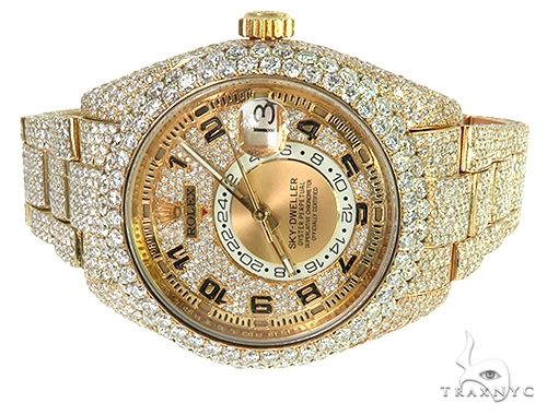 Fully Iced Out Sky Dweller Oyster Perpetual Rolex Watch 66263 Mens Diamond Rolex Watch Collection Yellow Gold 18k Round Cut 30 00 Ct