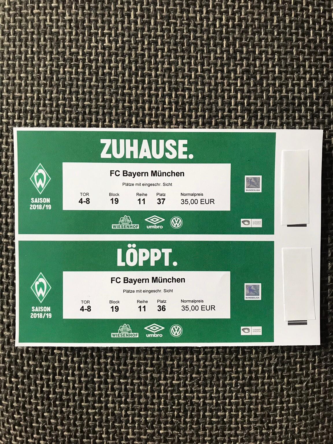 Tickets Werder Bremen gegen FC Bayern München in 6330 Kufstein für 75