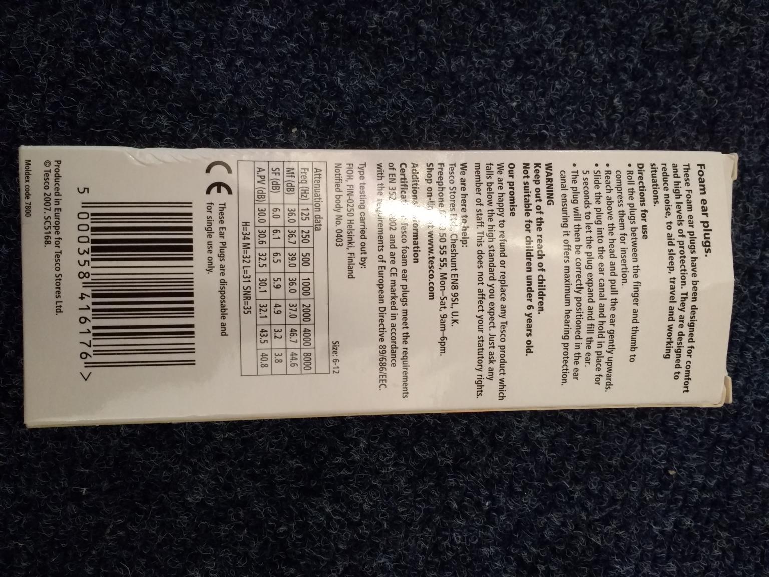 Tesco Foam Ear Plugs for travel, sleeping or in CB2 Cambridge for £1.00
